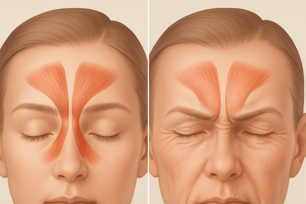 Medical illustration showing how to get rid of frown lines on your forehead by highlighting corrugator supercilii and procerus muscles in youthful vs aged skin
