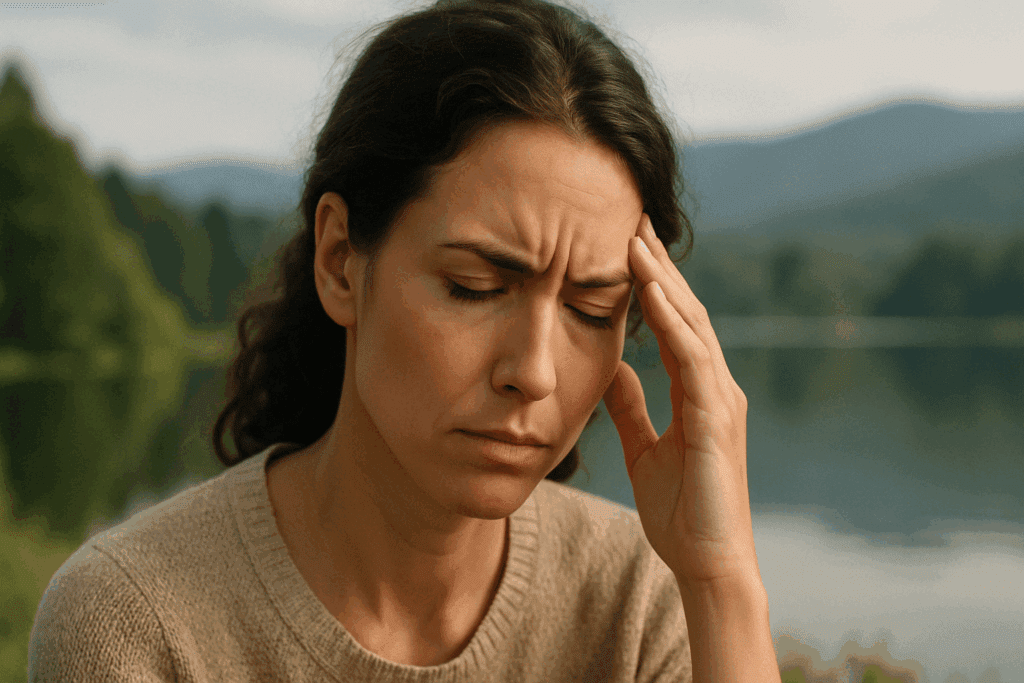Stressed woman with subtle frown lines on her forehead sitting by a peaceful lake, symbolizing emotional strain and how to get rid of frown lines on your forehead.