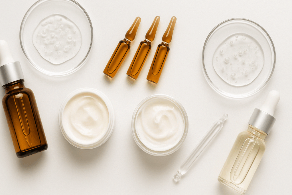 Scientific flat-lay of retinol serums, peptide creams, and antioxidant ampoules on a white background, illustrating how to get rid of frown lines on your forehead