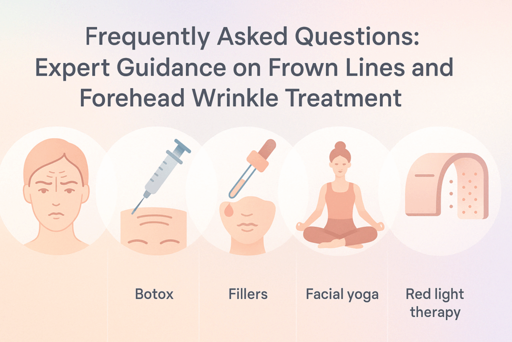 "Infographic comparing Botox, fillers, facial yoga, retinoids, and red light therapy treatments for how to get rid of frown lines on your forehead