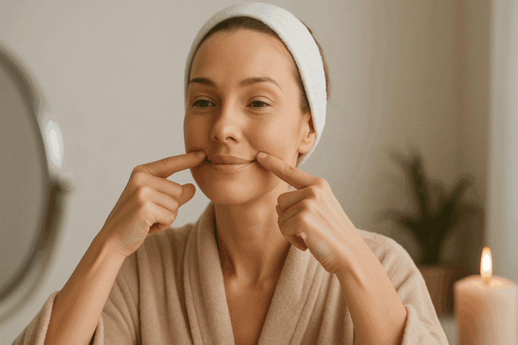 Woman practicing facial exercises in front of a mirror, gently lifting the corners of her mouth—an example of how to get rid of marionette lines without fillers.