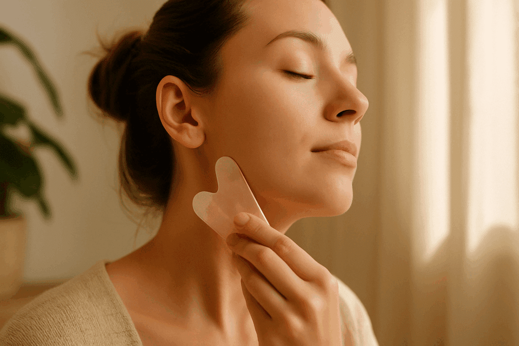 Woman using a rose quartz gua sha tool on her jawline as part of a skincare routine showing how to get rid of marionette lines without fillers.