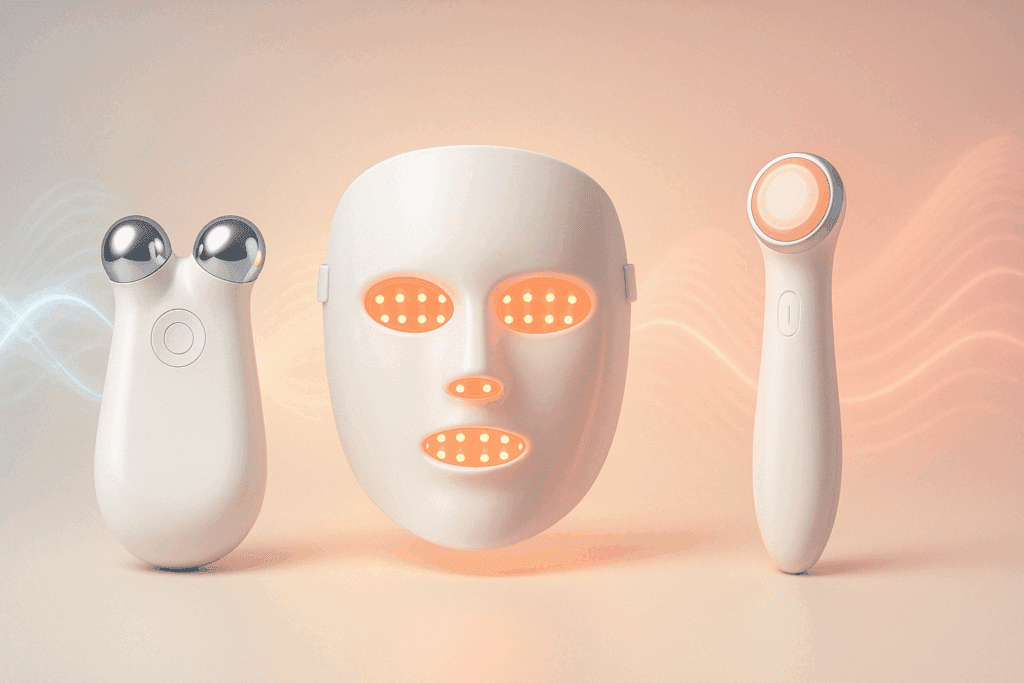 Realistic 3D rendering comparing at-home devices used in how to get rid of marionette lines without fillers, including a microcurrent tool, red light therapy mask, and radiofrequency wand