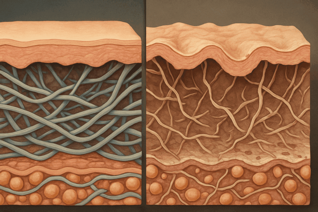 Cross-sectional skin diagram comparing youthful and aging tissue to show how collagen and elastin breakdown contributes to wrinkles and efforts to reduce fine lines