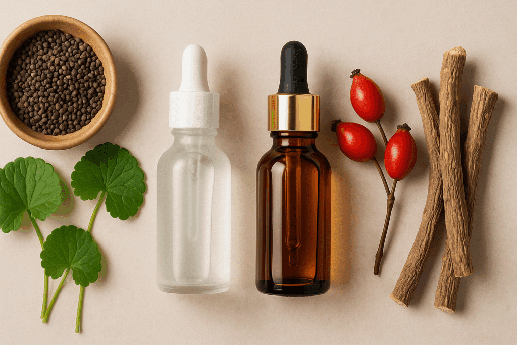 Natural skincare ingredients like bakuchiol, centella asiatica, hyaluronic acid serum, and rosehip oil used to reduce fine lines