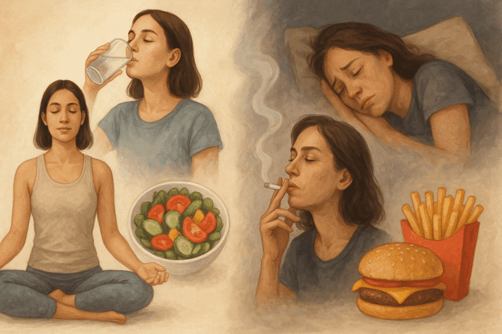 Split illustration showing lifestyle choices that reduce fine lines, with a woman meditating, drinking water, and eating salad contrasted against smoking, poor sleep, and fast food