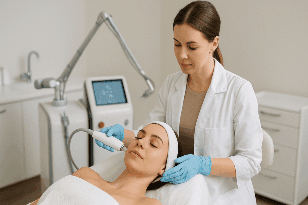 Dermatologist performing a non-invasive facial procedure in a clinic to reduce fine lines and rejuvenate skin.