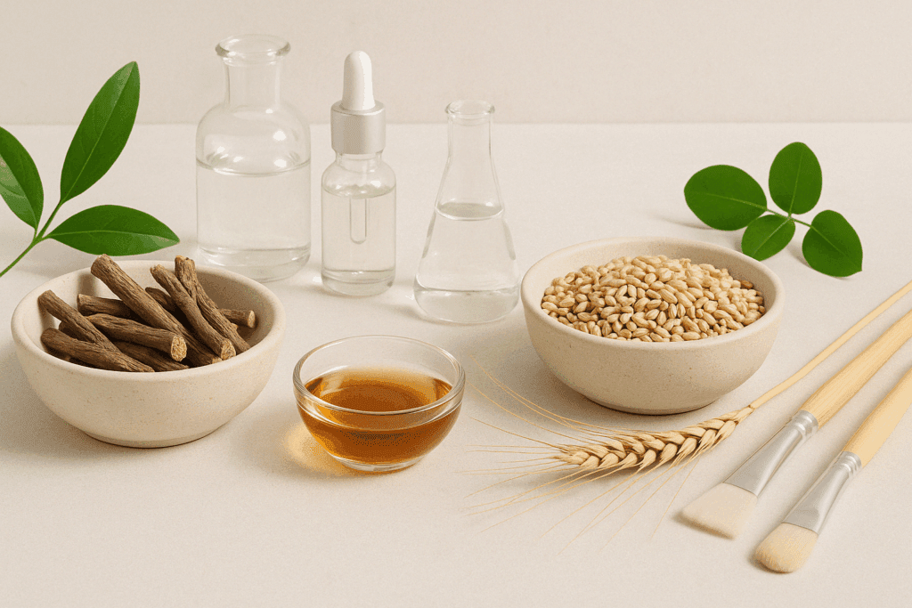 Natural skincare ingredients like licorice root and grains symbolizing azelaic acid on a table, illustrating how to remove dark spots on face fast naturally.