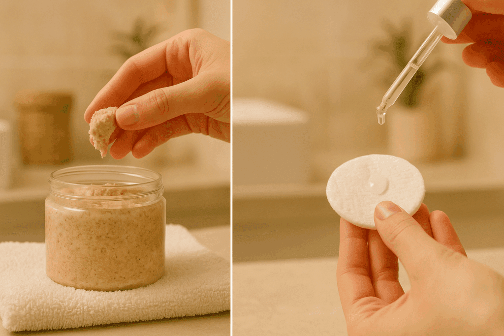 Split image showing physical and chemical exfoliation methods used in skincare routines for how to remove dark spots on face fast naturally.