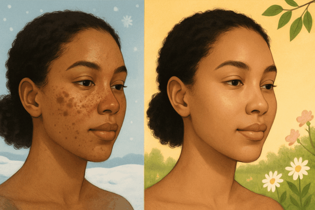 Progressive illustration showing how to remove dark spots on face fast naturally, with seasonal skin healing from winter pigmentation to summer clarity.
