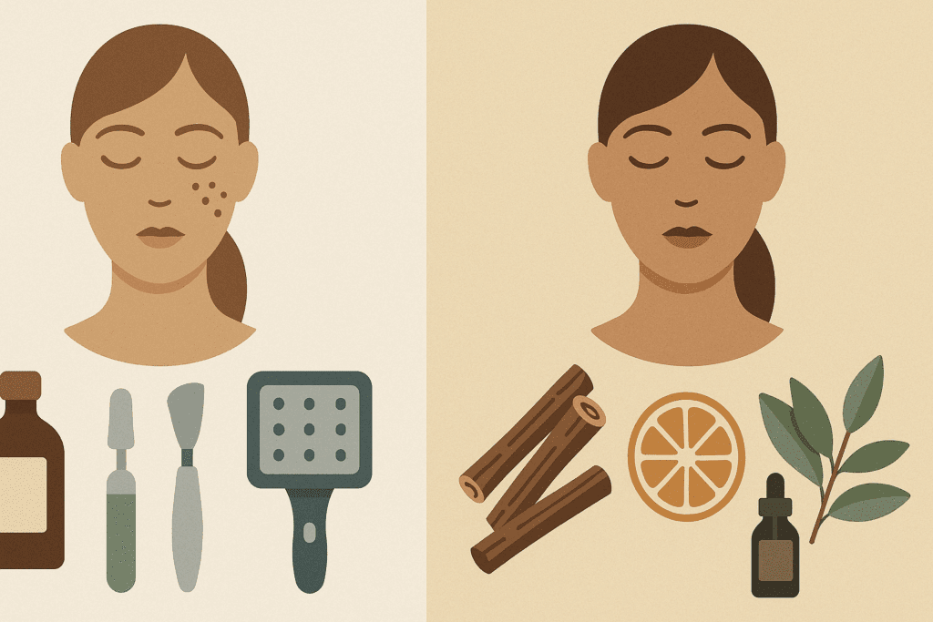 Side-by-side visual comparing professional treatments and natural remedies for how to remove dark spots on face fast naturally