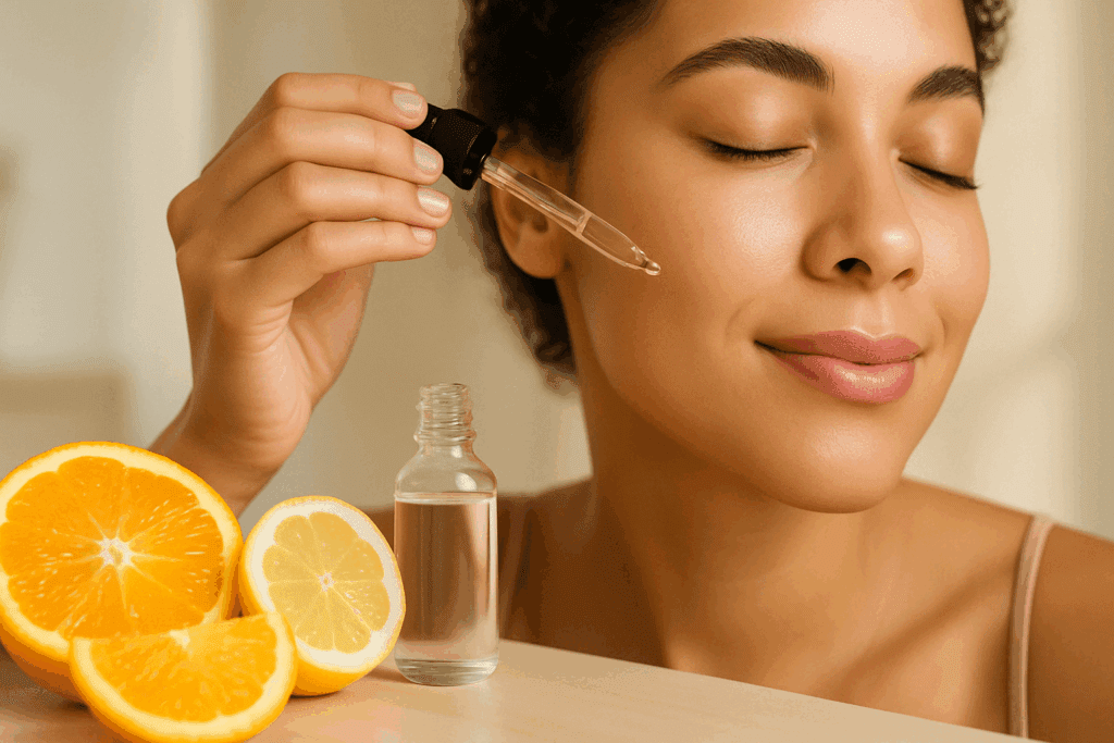 Radiant woman applying vitamin C serum to her cheek with citrus fruits beside her, illustrating how to remove dark spots on face fast naturally