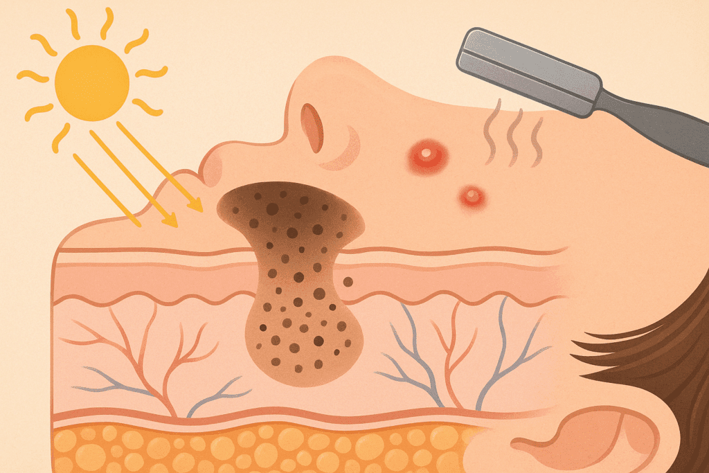 Cross-section of facial skin showing melanin buildup from sun exposure, acne, and shaving irritation—illustrating causes relevant to how to remove dark spots on face fast naturally