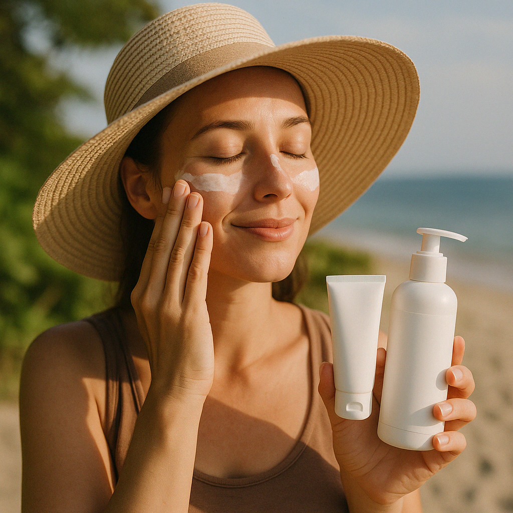 Woman applying mineral sunscreen outdoors while wearing a sun hat, illustrating how to remove sun spots through daily sun protection.