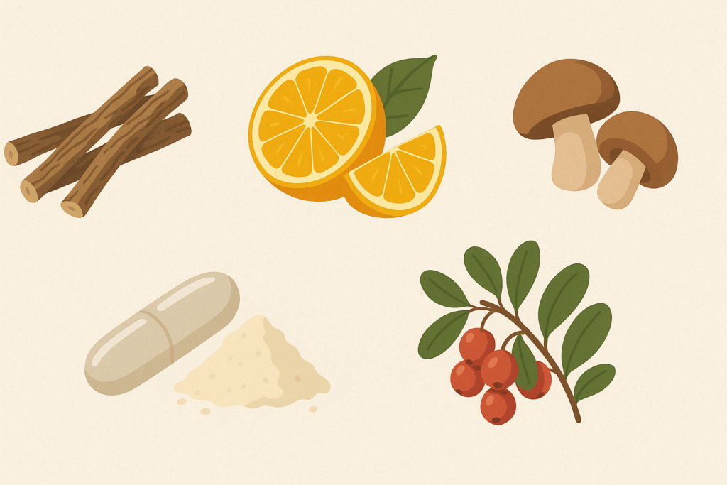 Natural ingredients for how to remove sun spots, including licorice root, citrus fruit, capsule with powder, mushrooms, and bearberry leave