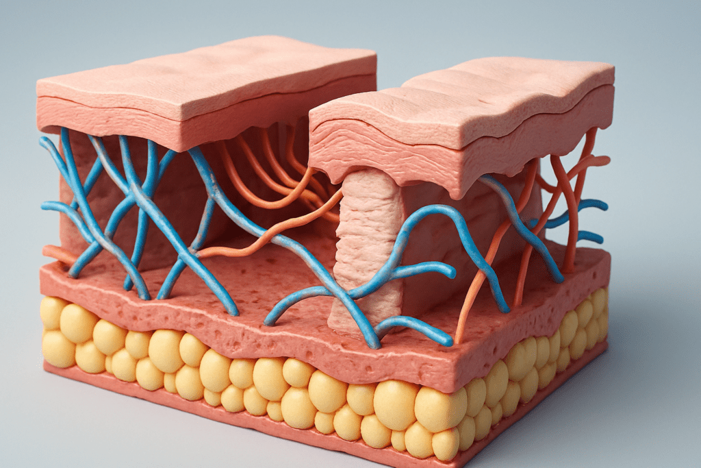 3D cross-section of human skin showing collagen and elastin fiber breakdown, illustrating how to tighten loose skin after weight loss