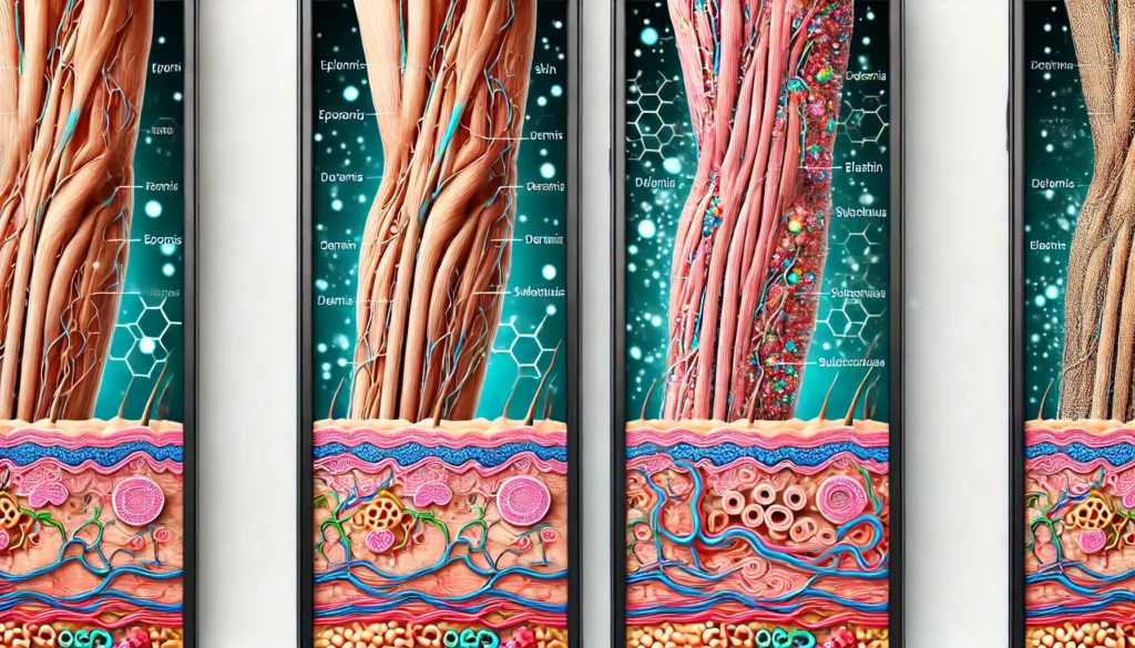 Medical illustration showing arm skin anatomy before and after weight loss, highlighting how to tighten saggy arm skin after weight loss through improved collagen and elasticity