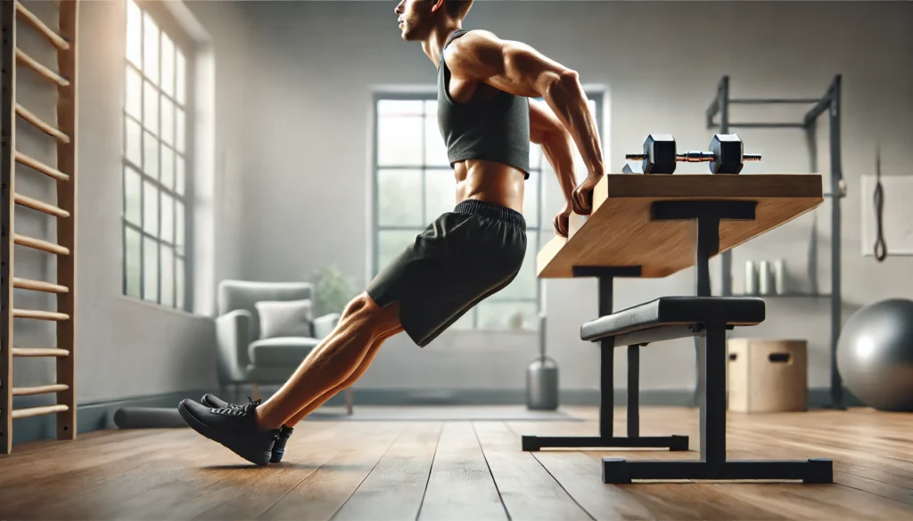 Person doing tricep dips in a home gym, showing muscle engagement as part of a routine on how to tighten saggy arm skin after weight loss