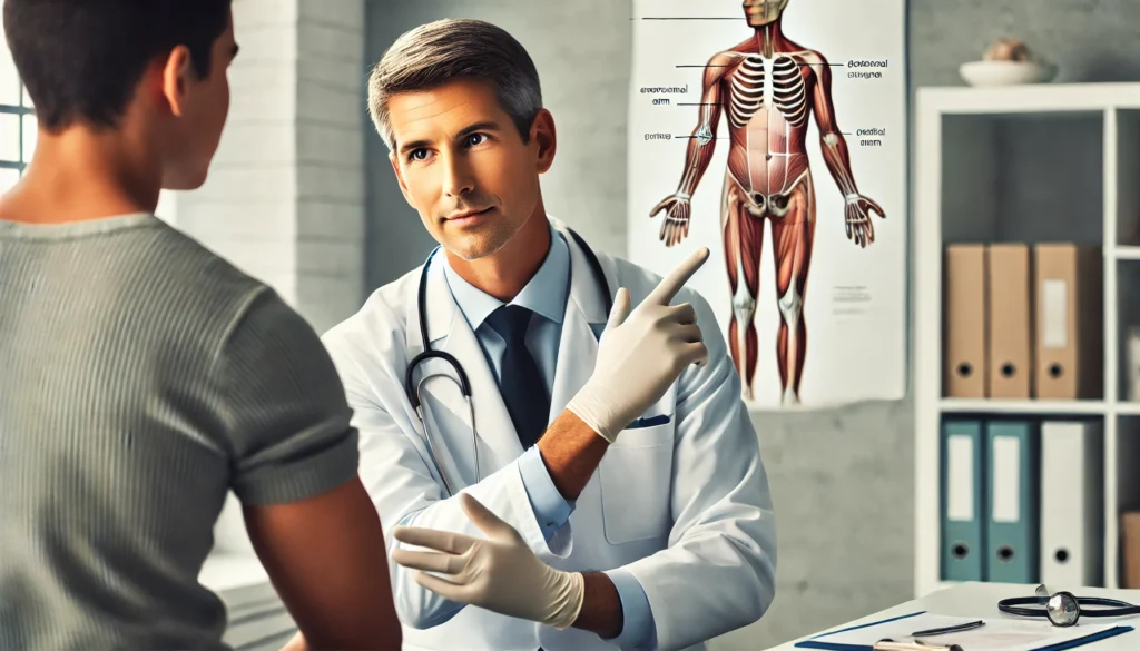 Plastic surgeon consulting with patient about how to tighten saggy arm skin after weight loss in a medical office setting