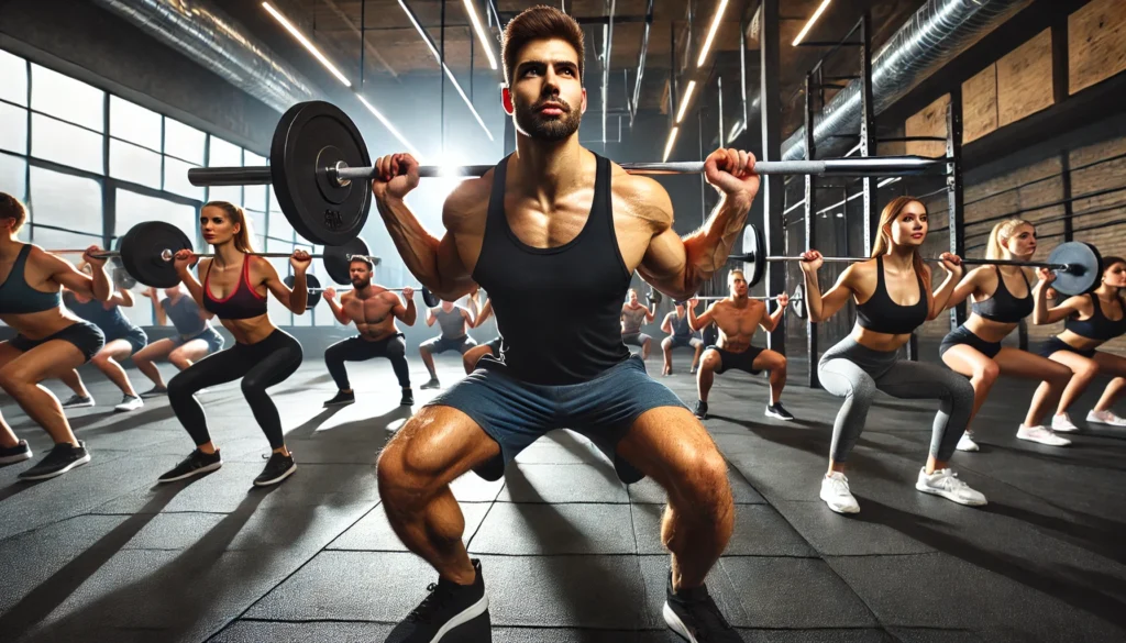 Fitness instructor leading a group through compound exercises like squats and deadlifts, demonstrating how to tone your body after weight loss