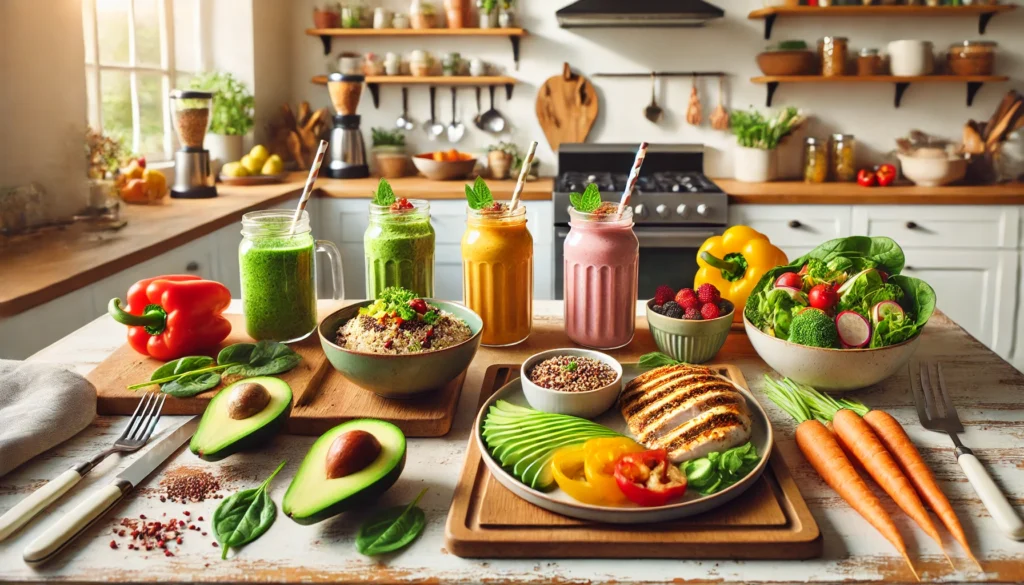 Balanced meals on a kitchen counter with grilled chicken, avocado, quinoa, and smoothies, promoting clean eating and showing how to tone your body after weight loss