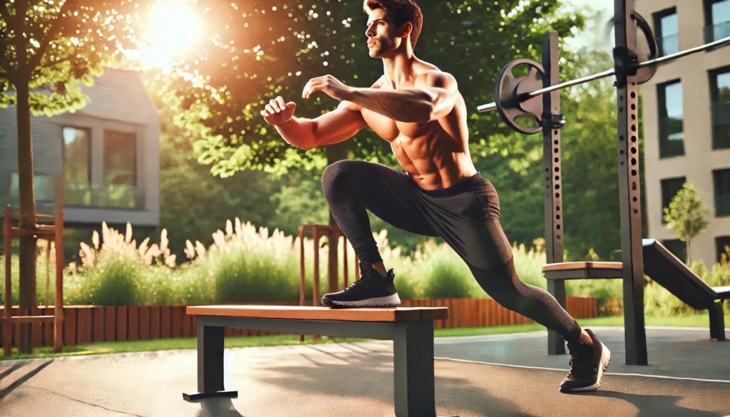 Athletic person performing a Bulgarian split squat outdoors, demonstrating lower body strength and muscle tone—how to tone your body after weight loss.