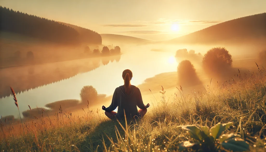 Person meditating at sunrise in nature, illustrating how to tone your body after weight loss through mindful recovery and rest days