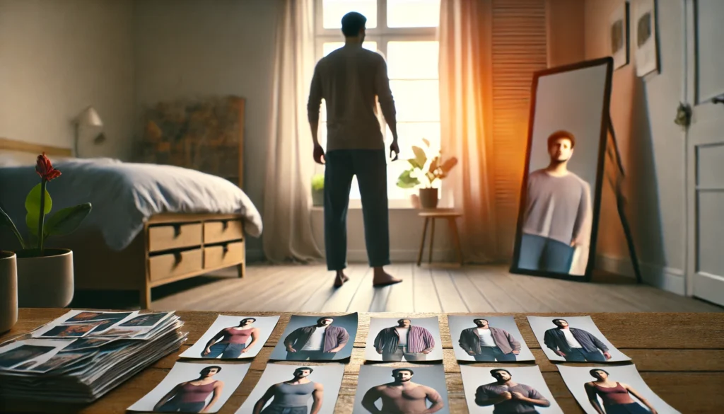 Confident person admiring their progress in the mirror with blurred transformation photos nearby, symbolizing how to tone your body after weight loss.