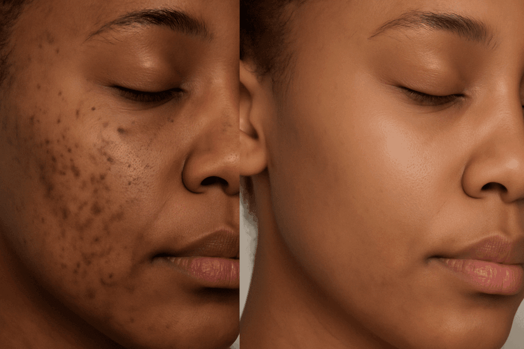 Before-and-after close-up of skin treated with Retin-A cream for post-inflammatory hyperpigmentation, showing improved texture and even tone