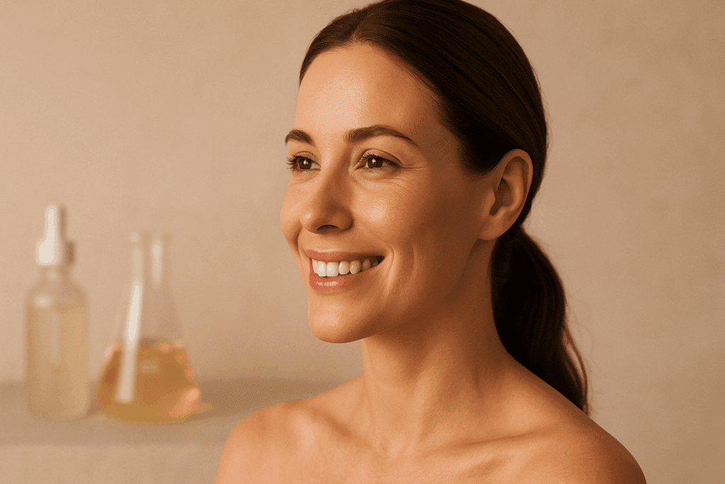 Smiling woman in her 30s with smooth, glowing skin, showcasing the benefits of how to use Retin-A cream for healthy, youthful skin