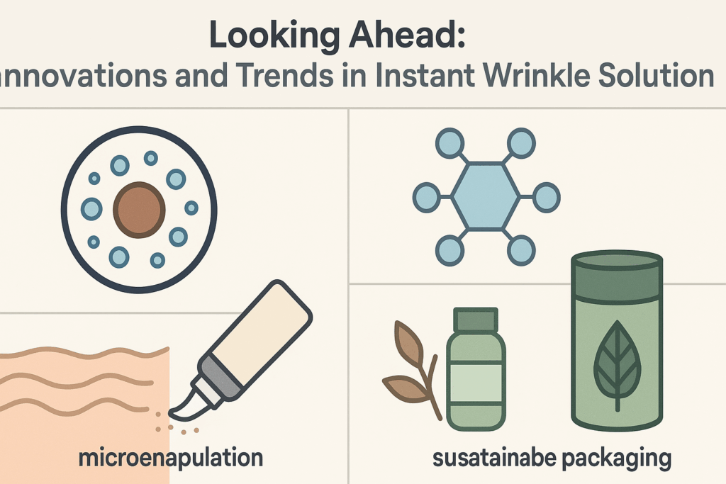 Diagram-style infographic showcasing future innovations in wrinkle filler makeup, including microencapsulation, nanotech, smart applicators, and eco-friendly packaging