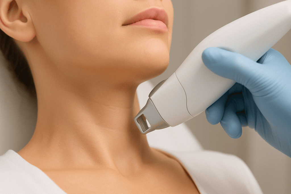Clinician performing laser skin tightening procedures on a woman’s neck and jawline using a non-invasive medical device.