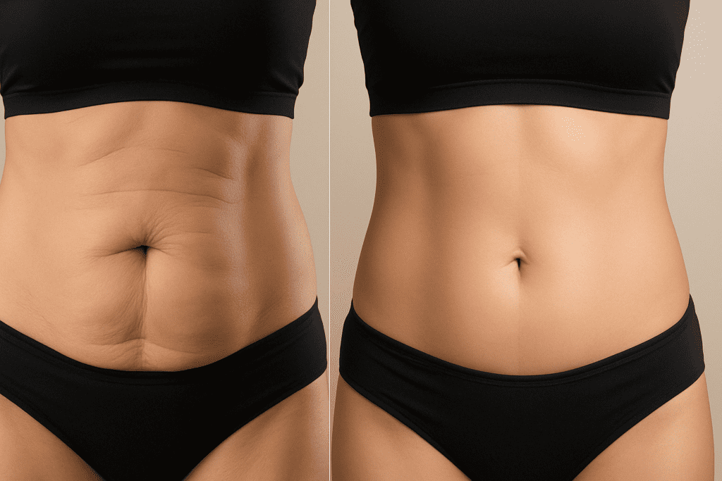 Before and after comparison of a woman’s abdomen showing firmer skin and improved contour following multiple laser skin tightening procedures