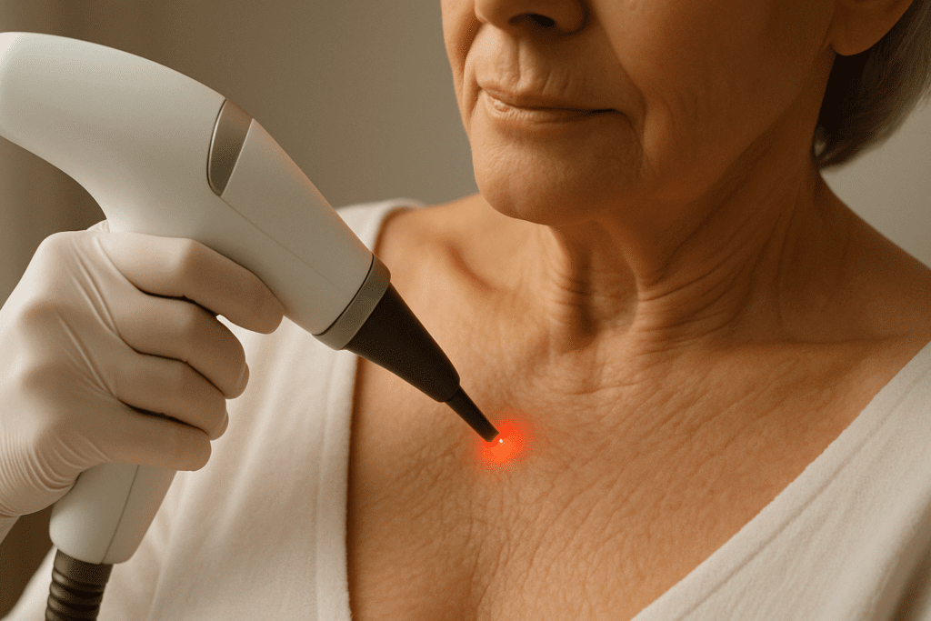 Close-up of laser skin tightening procedures on the décolletage of an older woman with crepey skin, showing treatment in progress
