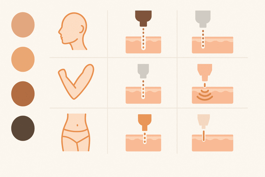 Infographic comparing laser skin tightening procedures across different skin tones and body areas using symbolic icons for treatment personalization.