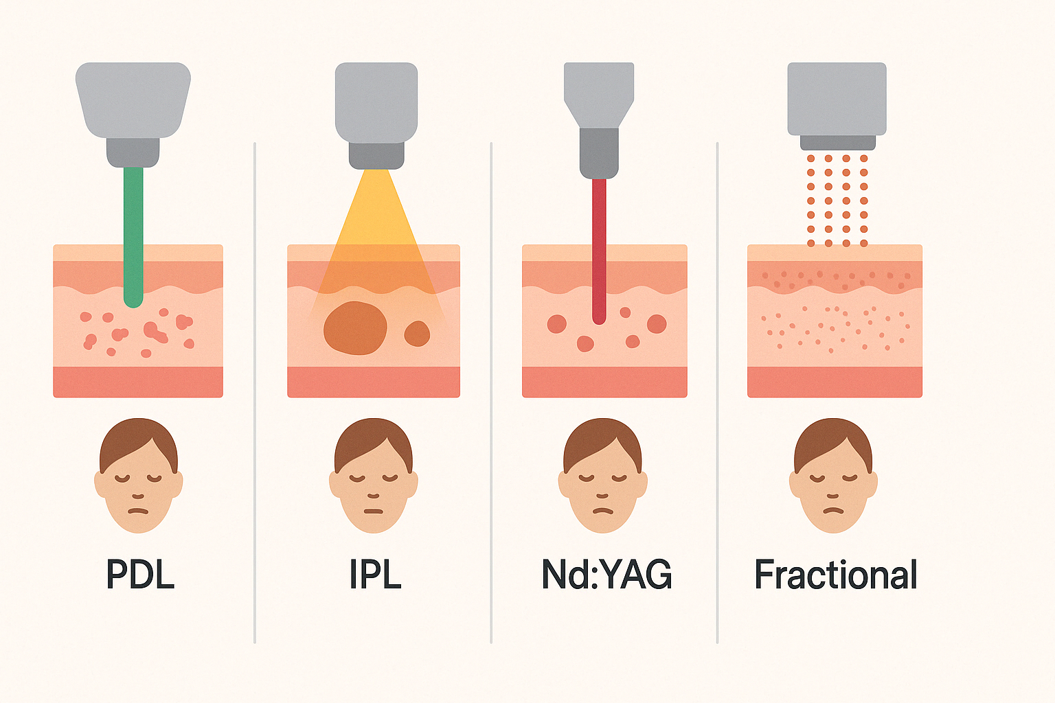 Diagram comparing four types of laser treatment for redness on face, showing penetration depth and skin concerns for PDL, IPL, Nd:YAG, and fractional lasers.