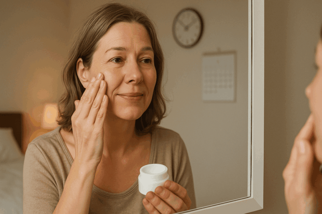 Middle-aged woman applying facial cream in front of a mirror with a clock and calendar in the background, illustrating long-term skin care use for neutrogena retinol regenerating cream reviews.