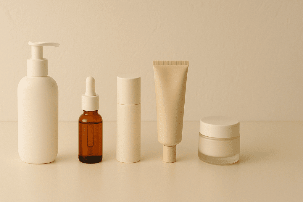 Skincare routine layout with cleanser, serum, SPF moisturizer, retinol cream, and night cream displayed in order on a soft-lit counter, supporting neutrogena retinol regenerating cream reviews.