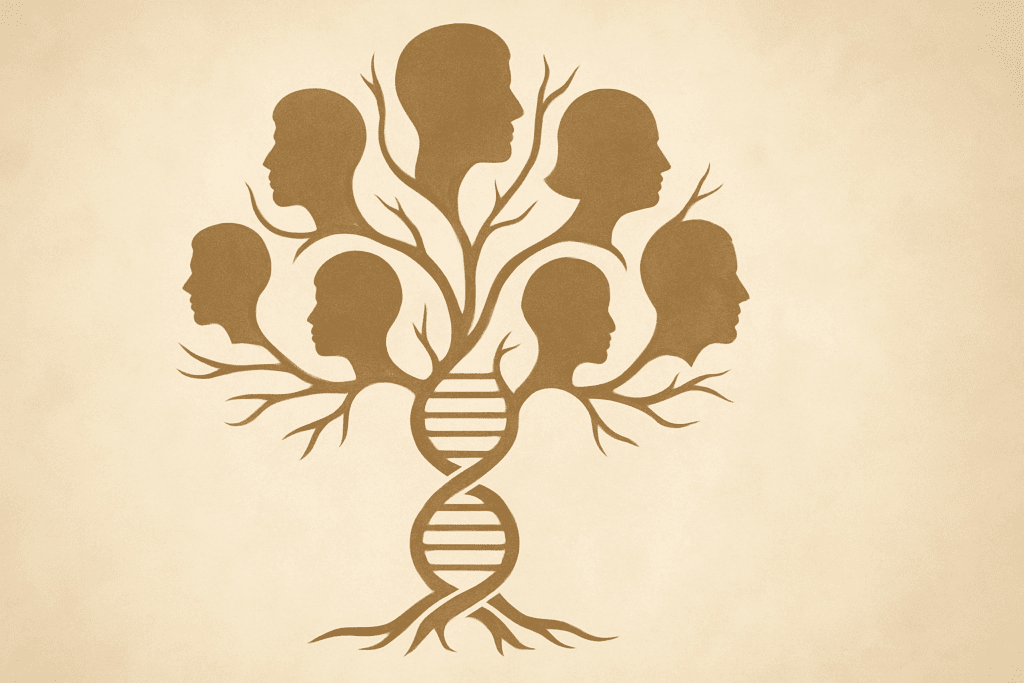 DNA-shaped family tree with human facial silhouettes in branches, symbolizing genetic influence in understanding and preventing facial sagging.