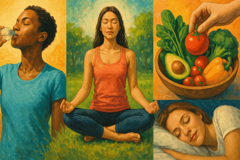Collage of healthy lifestyle habits illustrating understanding and preventing facial sagging, including hydration, meditation, nutritious food, and restful sleep.