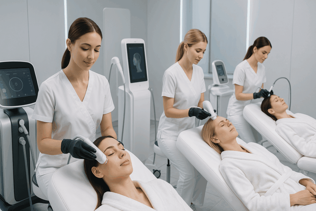 Futuristic aesthetic clinic with non-surgical treatments like radiofrequency and ultrasound, illustrating understanding and preventing facial sagging