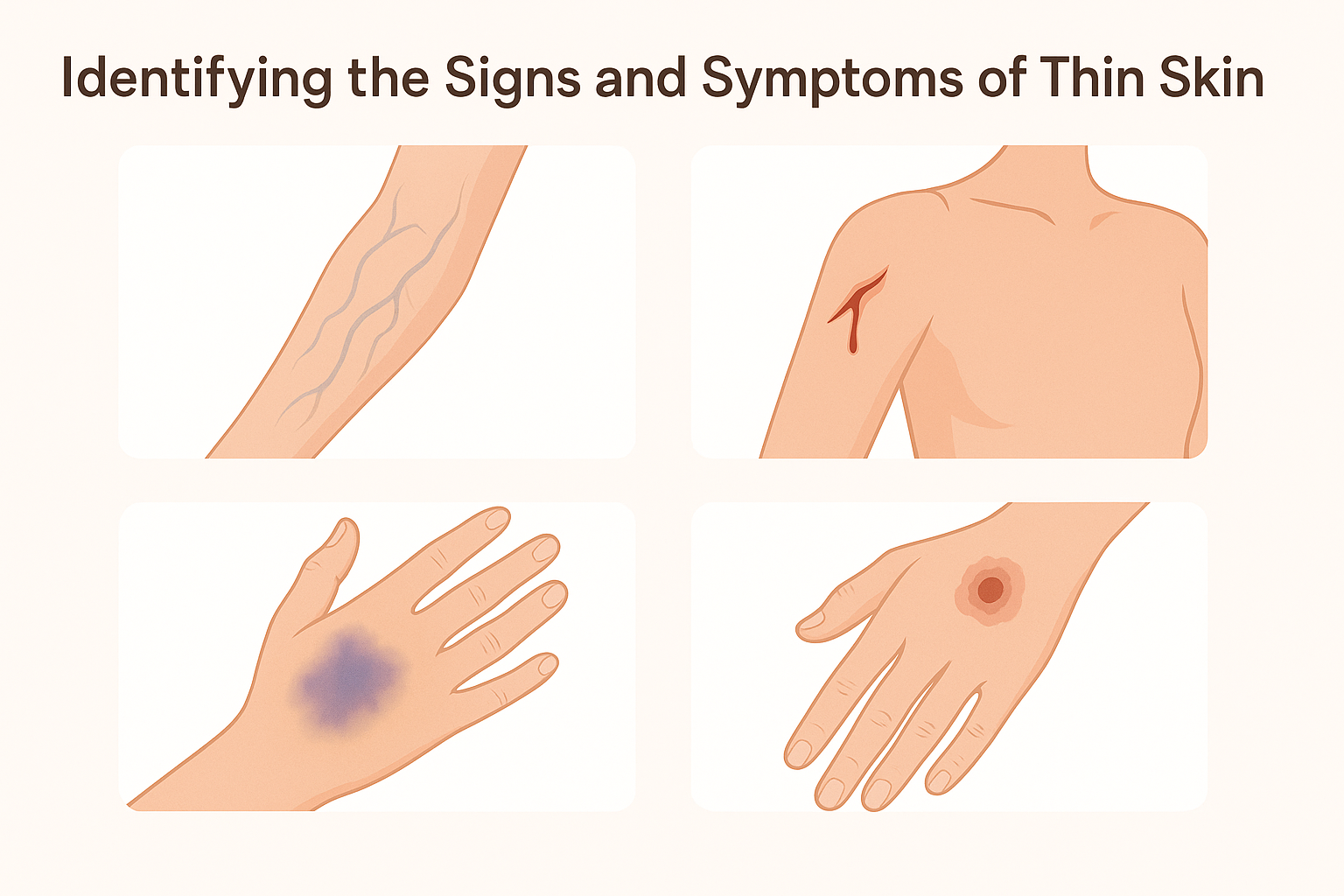 Educational infographic showing symptoms of thin skin, including visible veins, bruising, skin tears, and slow-healing wounds on arms and hands