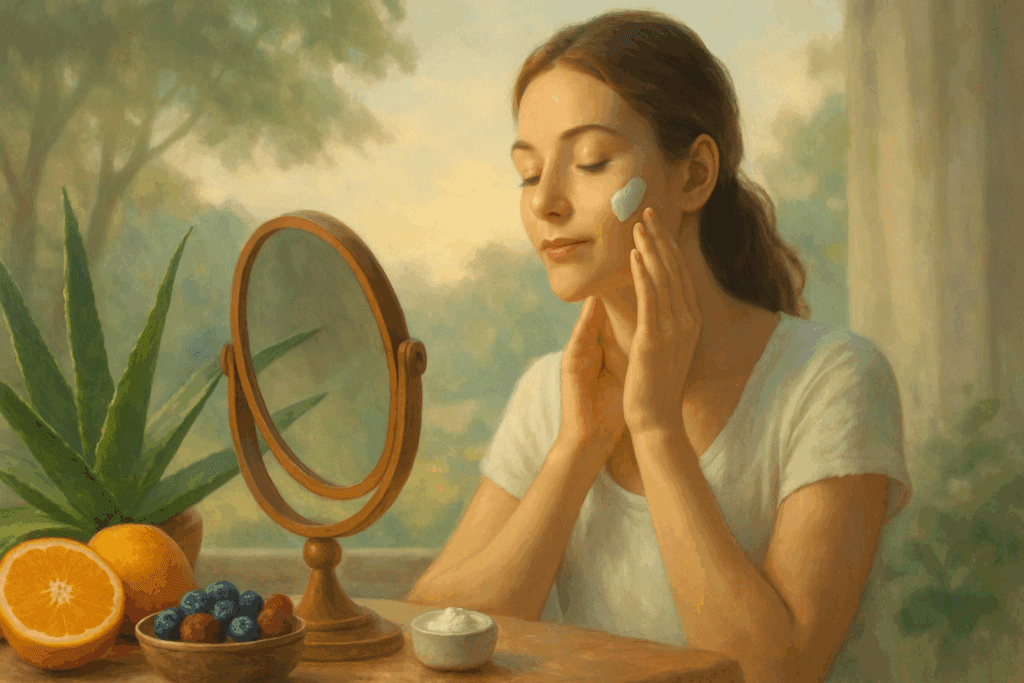 Woman applying gentle skincare in a mirror, surrounded by natural remedies for thin skin like aloe vera and vitamin C-rich fruits.