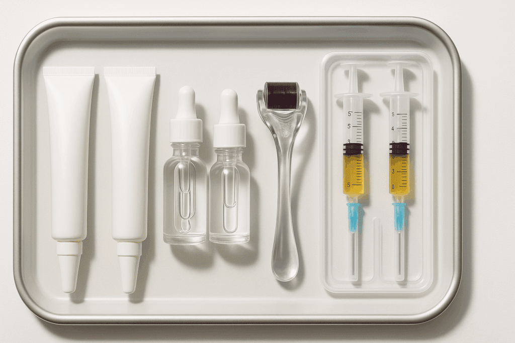 Clinical skincare tools for treating thin skin, including retinoid creams, peptide serums, microneedling roller, and PRP syringes on a dermatology tray