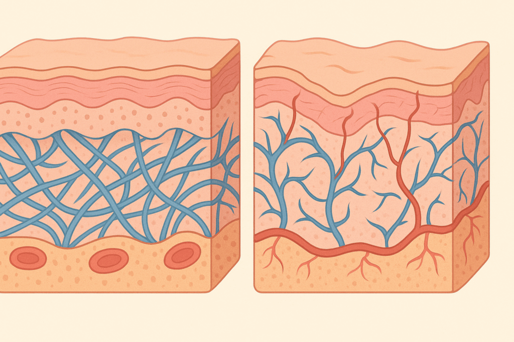 Cross-sectional illustration comparing youthful skin and thin skin, showing collagen loss, dermal thinning, and fragile blood vessels.