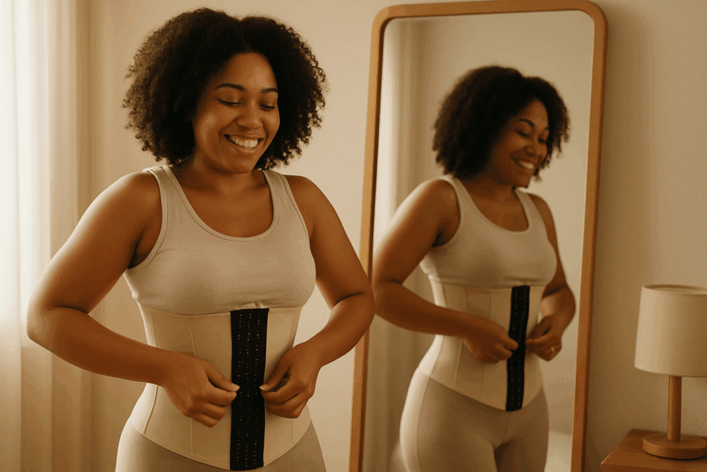 Smiling woman adjusting a waist trainer in front of a mirror, embracing self-care and confidence through waist training.