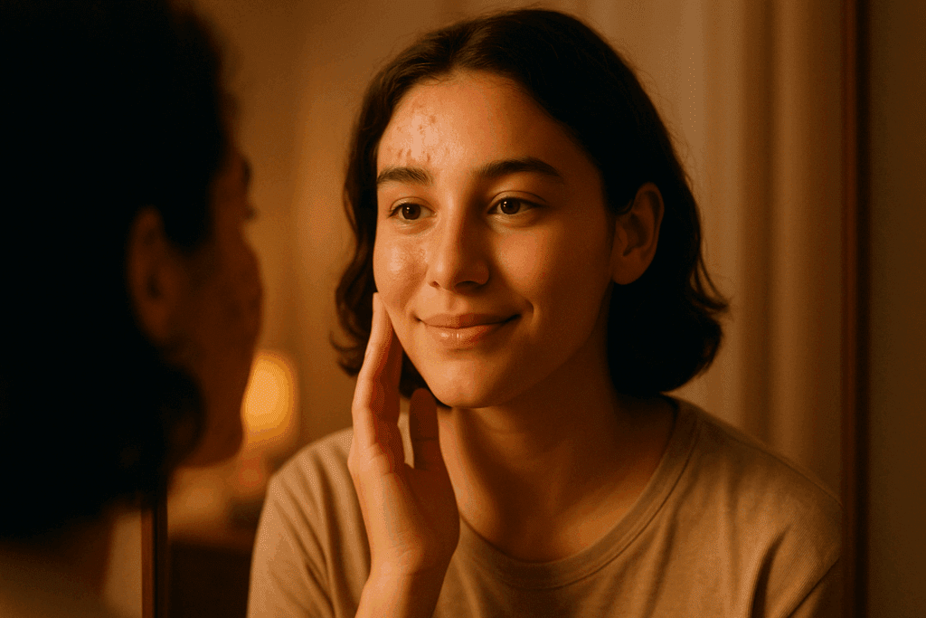 Young person with acne on one side and glowing skin on the other, symbolizing transformation through Tretinoin, Retinol, and Retin-A.