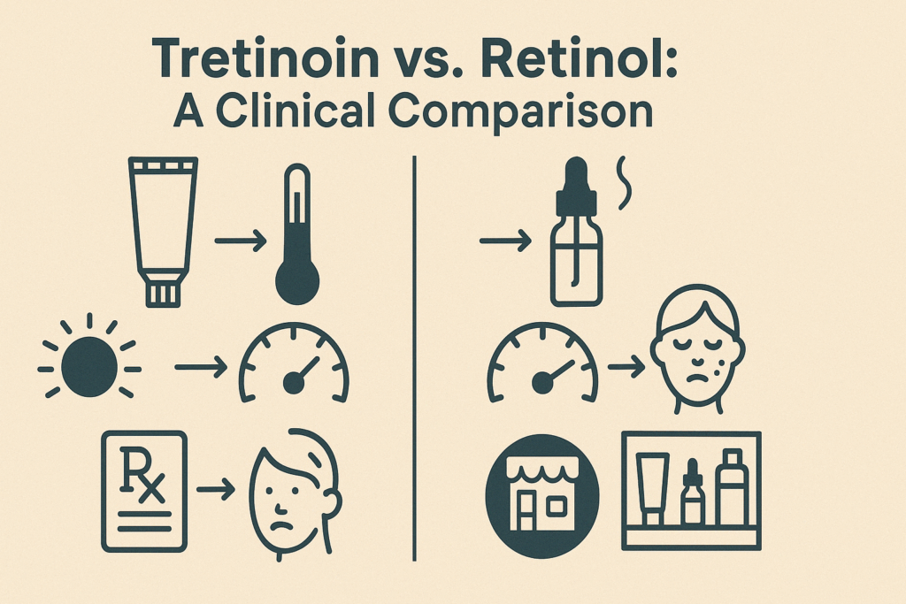 Infographic comparing Tretinoin, Retinol, and Retin-A by potency, speed of results, irritation level, and availability using icons and visual meters.