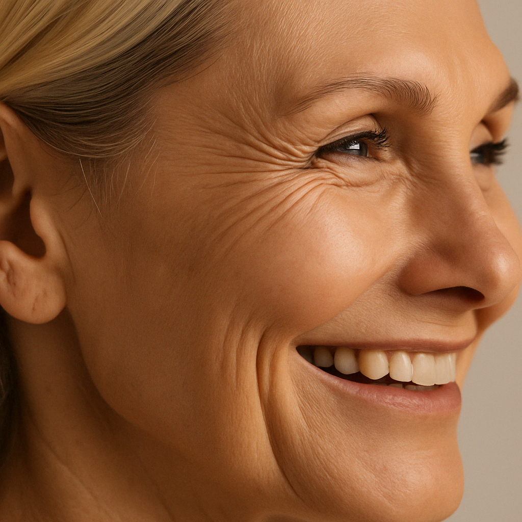 Side-profile of a smiling middle-aged woman showing crow’s feet near her eyes, illustrating common types of face wrinkles caused by facial expressions.