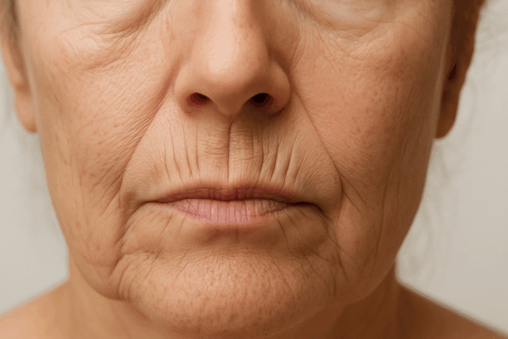 Close-up of a mature woman's perioral area showing vertical lipstick lines above the upper lip, highlighting one of the common types of face wrinkles.